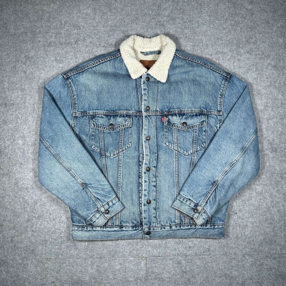 Levi's Denim Sherpa Trucker Jacket Men Medium Blue Type III Premium Fleece Lined